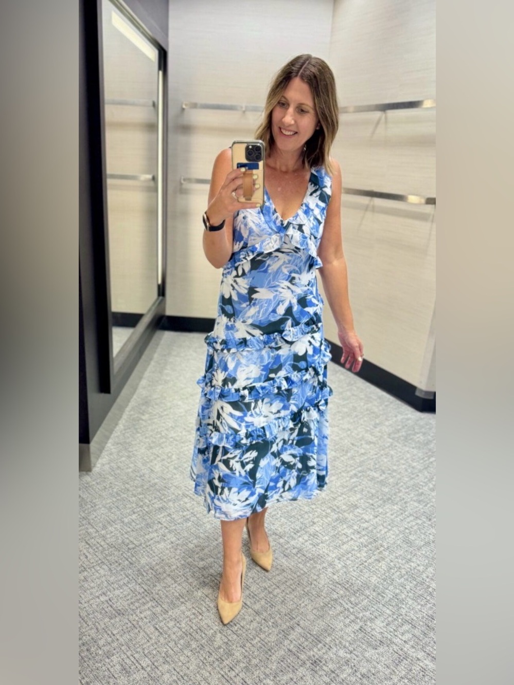 Chelsea28 Blue and White Floral Maxi Dress with Ruffle Tiers